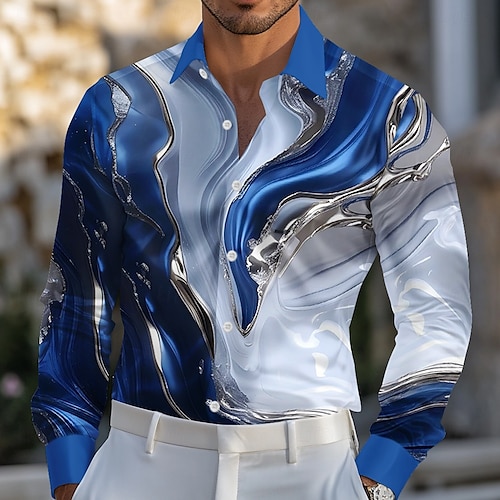Men's Marble Abstract Liquid Art Satin Shirt Dress Shirt Long Sleeve Fashion Casual Vacation Dailywear Summer Spring Fall Turndown 3D Print Button Up Shirts Blue Green Rose Red