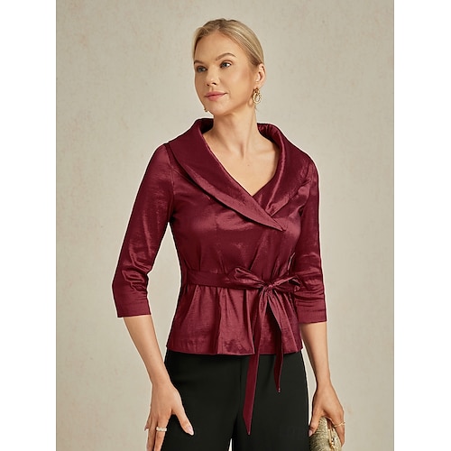  Women's Blouse Evening Tops Elegant Metallic Stylish 3/4 Length Sleeve V Neck Regular Tops Wedding Guest Evening Party Semi Formal Tie Front Wine Spring, Fall, Winter, Summer
