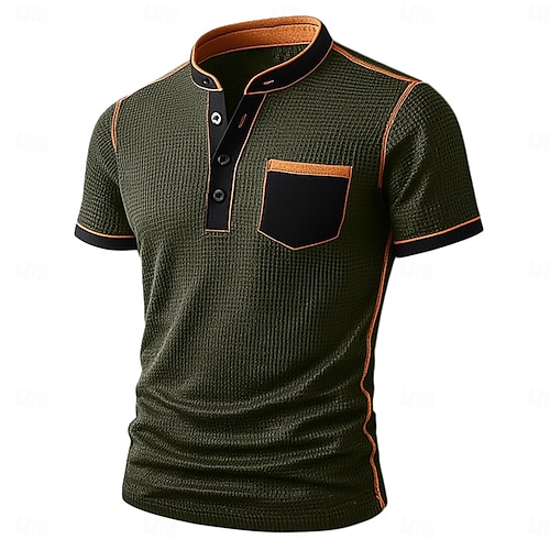  Men's Waffle Henley Shirt Tee Short Sleeve Solid Color Plain Fashion Designer Comfortable Color Block Buttons Henley Outdoor Casual Daily Summer All Seasons Black Navy Blue Brown Henley T-Shirt