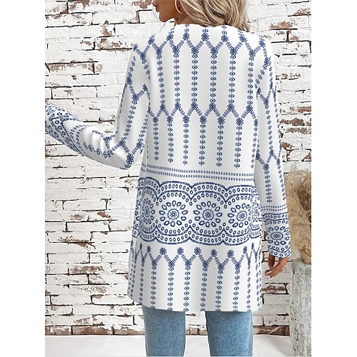  Naisten Rento takki Mukava Hengittävä Tasku Tyylikäs Vintage Muoti Päivittäin Geometrinen Loma Arki-asut Avoin etuosa Normaali Pyöreäkauluksinen Loose Fit Pitkähihainen Päällysvaatteet Musta ja
