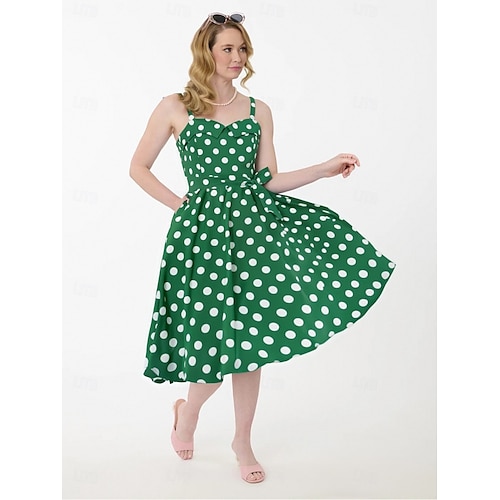 Retro Vintage 1950 Grease Oblečení Rockabilly Midi Šaty Swing Šaty Šaty s rozšířením s Páskem Spaghetti Popruhy Puntíky A-čtverec Společenské Šaty Žen Karneval Denní nošení Čajová Oslava Retro Šaty