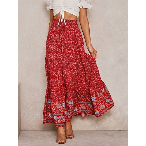 Damen Rock A-Linie Bohemien Lässig Maxi Hohe Taille Röcke Blumen Druck Mikroelastisch Straße Täglich Rote Aprikose Sommer Polyester Kunstseide