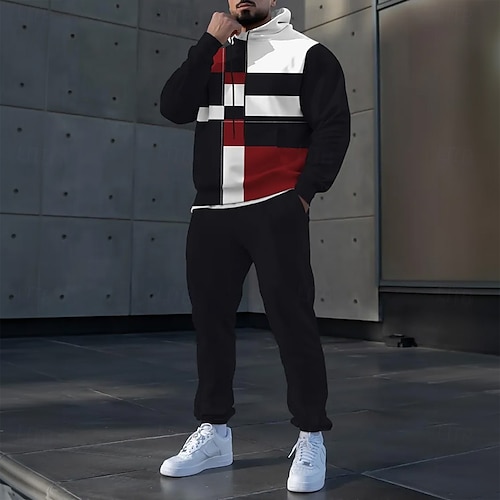  Herr Färgblock 2st 3D-tröja set Träningsoverall Hoodie-tröja Långärmad Långa byxor Huva Sportkläder Ledigt vardag Fritids- 3D-utskrift Färgblock Vår Höst Vinter Svart