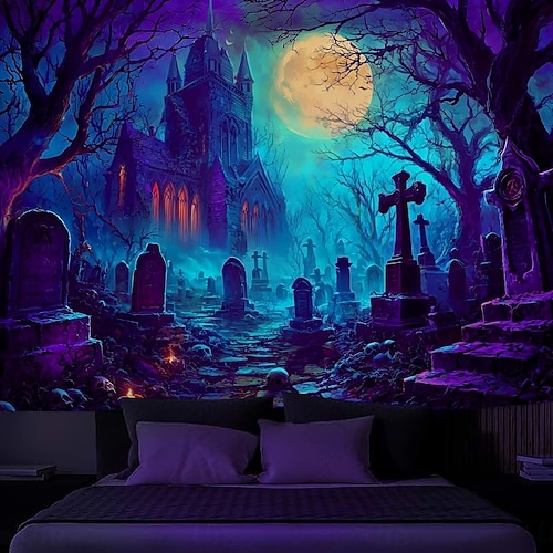 Halloween Blacklight Wall Tapestry – UV Reactive Haunted Window