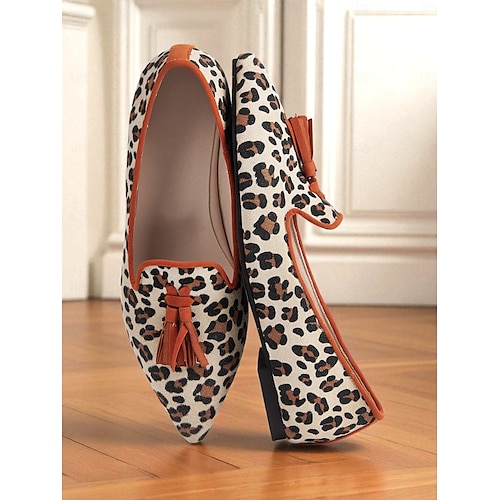  Dámské balerínky s leopardím vzorem a střapci - retro styl s špičatou špičkou, oranžovým lemováním a blokovým podpatkem pro každodenní nošení &neformální výlety