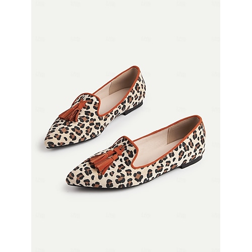  Dámské balerínky s leopardím vzorem a střapci - retro styl s špičatou špičkou, oranžovým lemováním a blokovým podpatkem pro každodenní nošení &neformální výlety