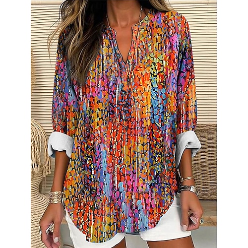  Blouse Tunique Femme Col V Manches Longues Boho Décontractée Tops Ombre Graphique Vintage Tropical Tops Normaux Imprimé Quotidien Bleu Violet Orange Vert