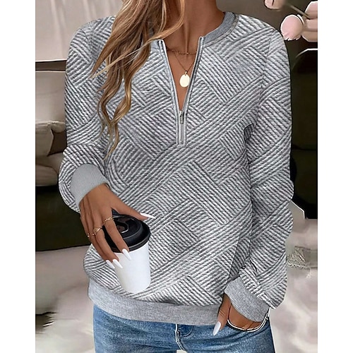  Mulheres Moletom com textura Pullover Tecido Roupa de rua Casual Confortável Manga Longa Decote V Tops regulares Rua Feriado Para Noite Meio zíper, um quarto de zíper Quarter Zip Preto Branco Rosa