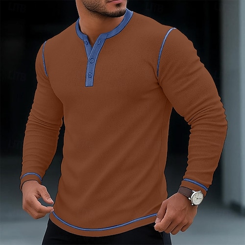  Men's T Shirt Henley Shirt Waffle Knit Tee Tee Top Long Sleeve Shirt Long Sleeve Color Block Solid Fashion Designer Basic Patchwork Henley Vacation Street Casual Spring &  Fall All Seasons Black