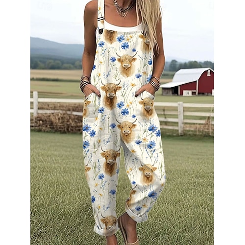  Mulheres Jardineiras Ativo Floral Sem Manga Com Cordão com bolso Férias Diário Ajuste Largo Branco Vermelho Roxo Verão