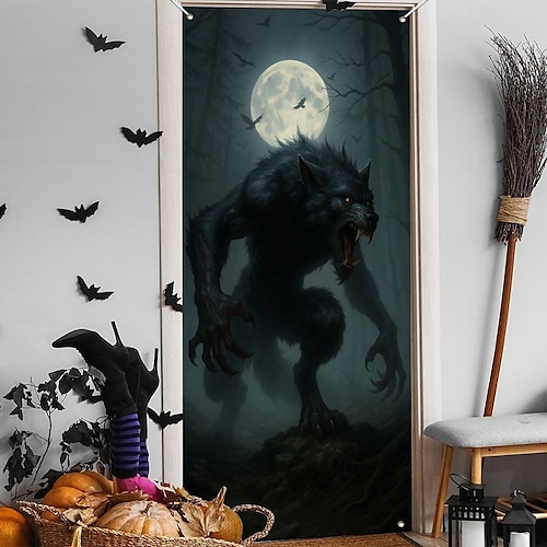  Halloween Dörrskydd – Ond demon som kommer fram ur en träddörr Inträdesbanner till hemsökt hus Spöklik utomhus- och inredningsdekoration för Halloween 2025 i sovrum vardagsrum badrum
