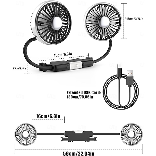  USB Car Fan for Backseat, Dual Rearseat Fans for Kids Separated Controlled Heads and 2 LED Lights 360 Rotatable Cooling 3 Speeds Auto Cooler for Car