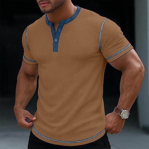  Men's Waffle Henley Shirt Tee Short Sleeve Solid Color Casual Buttons Henley Outdoor Casual Daily Summer Black White Yellow Henley T-Shirt