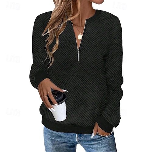  Mulheres Moletom com textura Pullover Tecido Roupa de rua Casual Confortável Manga Longa Decote V Tops regulares Rua Feriado Para Noite Meio zíper, um quarto de zíper Quarter Zip Preto Branco Rosa