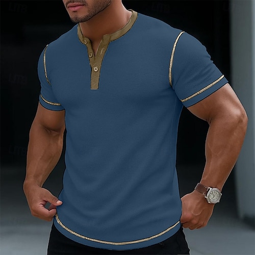  Men's Waffle Henley Shirt Tee Short Sleeve Solid Color Casual Buttons Henley Outdoor Casual Daily Summer Black White Yellow Henley T-Shirt