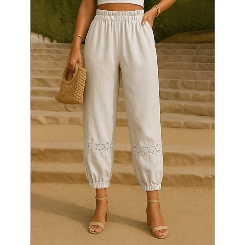  Mujer Pantalones de lino y algodón Chinos Básico Casual Longitud total Alta cintura Floral Bordado Comodidad Al Aire Libre Rígido Vacaciones Calle Casual Verde Trébol Albaricoque Café Verano