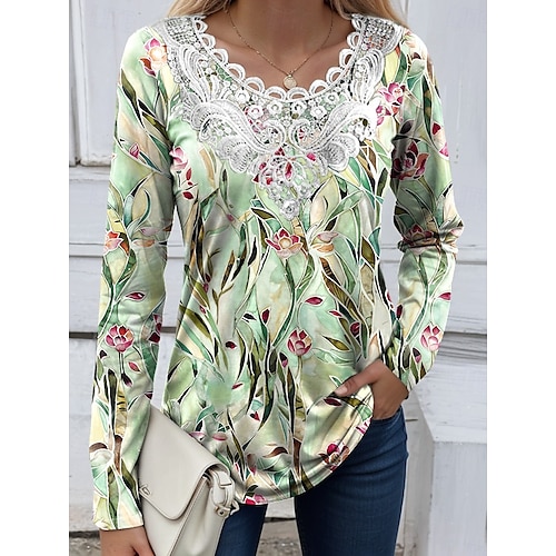  Blouse femme tunique à lacets épissures col en V à manches longues graphique floral plantes vintage décontractée col rond hauts impression quotidienne sortie week-end impression en dentelle blanche