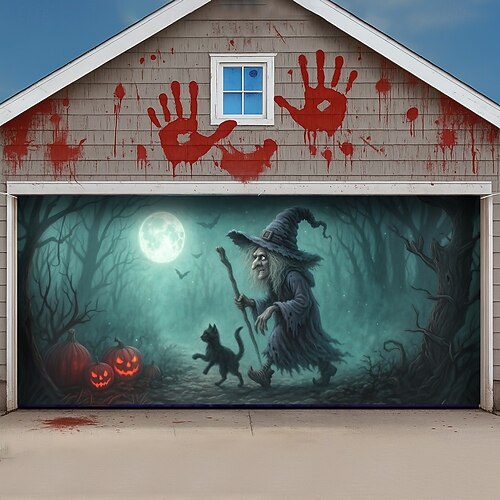 thumbnail image 2 of 13X6 Ft Halloween Garage Door Decoration Background Gray Horror Moon Night Scary Cemetery Skull Photo Background Kids Adult Family Decor Halloween Party Banner Cover 2 of 12