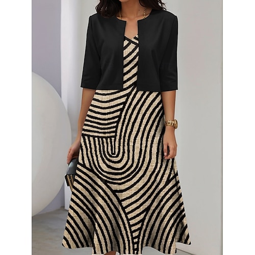  Femmes Robe Ensemble Robe trapèze Robe d'été Occasionnel Robes semi-formelles Graphique Géométrie Imprimé Robe Midi Demi Manches Col en V Vacances Date Noir Vin Vert Printemps Automne Coupe régulière