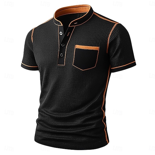  Men's Waffle Henley Shirt Tee Short Sleeve Solid Color Plain Fashion Designer Comfortable Color Block Buttons Henley Outdoor Casual Daily Summer All Seasons Black Navy Blue Brown Henley T-Shirt
