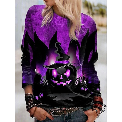  Tricou pentru femei de Halloween cu mânecă lungă guler rotund tunică lungă grafic cu dovleac fantomă stil vintage clasic topuri print zilnic de weekend albastru violet portocaliu verde primăvară