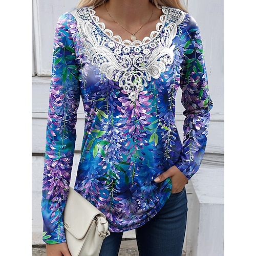  Blouse femme tunique à lacets épissures col en V à manches longues graphique floral plantes vintage décontractée col rond hauts impression quotidienne sortie week-end impression en dentelle blanche