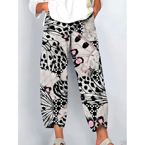  Femmes Jambe large Chinos Pantalons Amples Vacances ancien Style Ethnique Longueur complète Taille haute Graphique Léopard Papillon Patchwork Cordon de serrage Impression Respirant Non Elastique