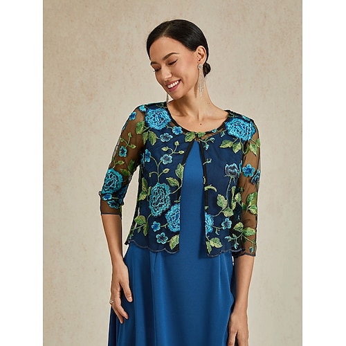  Damen Strickjacke Spitze bestickt elegant Basic lässig geblümt formell kurz Rundhalsausschnitt lockere Passform 3/4-Ärmel Oberbekleidung Marineblau Sommer Frühling