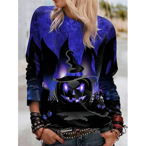  Tricou pentru femei de Halloween cu mânecă lungă guler rotund tunică lungă grafic cu dovleac fantomă stil vintage clasic topuri print zilnic de weekend albastru violet portocaliu verde primăvară