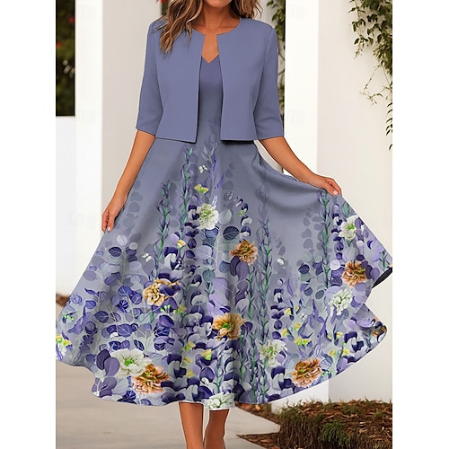  Ensemble de robes pour femmes en deux pièces robe midi avec veste élégante robe en A manches mi-longues robe décontractée semi-formelle imprimé floral ombragé encolure en V rendez-vous rose bleue