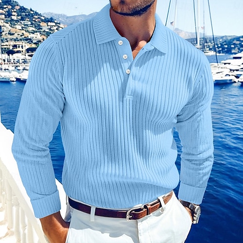  Men's Rib Knit Top Golf Shirt Street Casual Lapel Long Sleeve Basic Modern Plain Buttons Spring Fall All Seasons Regular Fit White Blue Navy Blue Grey Rib Knit Top