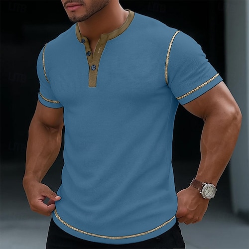  Men's Waffle Henley Shirt Tee Short Sleeve Solid Color Casual Buttons Henley Outdoor Casual Daily Summer Black White Yellow Henley T-Shirt