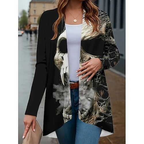  Damen Mantel Leicht Bequem Druck Vintage Künstlerisch Lässig Halloween Schädel Lässig Lang Kragenlos Normale Passform Langarm Oberbekleidung Schwarz Weiß Rote Frühling Herbst