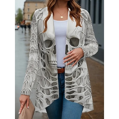  Damen Mantel Leicht Bequem Druck Vintage Künstlerisch Lässig Halloween Schädel Lässig Lang Kragenlos Normale Passform Langarm Oberbekleidung Schwarz Weiß Rote Frühling Herbst