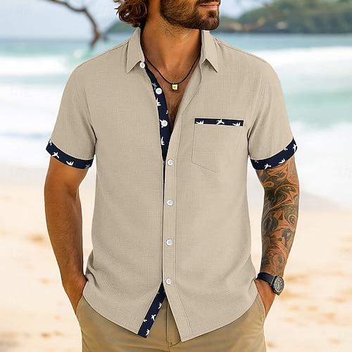  Herren Leinenhemd Sommerhemd Strandbekleidung Knopfhemd Gestreift Urlaub Kreuzfahrt Weiß Grün Khaki Grau Kurzarm Revers Sommer Frühling & Sommer Bekleidung Basic