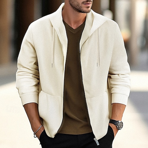  Homens Jaqueta Waffle Jaqueta casual Casaco com capuz Férias Diário Respirável Bolsos Primavera Outono Tecido Moda Clássico Com Capuz Padrão Preto Branco Azul cáqui Cinzento Casaco