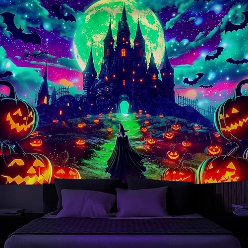Halloween Blacklight Wall Tapestry – UV Reactive Glowing Moon over