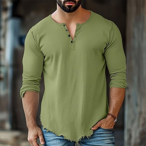  Herren Baumwoll-Leinen-Hemd Henley Hemd T-Shirt Henley Oberteil Langarm Einfarbig Einfach Einheitliche Farbe Mode Designer Lässig Farbblock Knöpfe Henley Outdoor Lässig Täglich Sommer Ganzjahres Wei