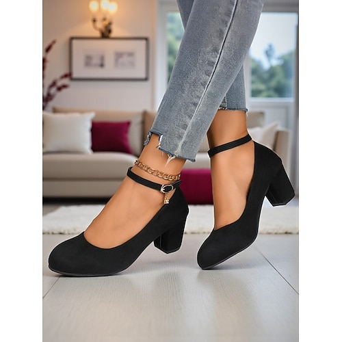  Escarpins Mary Jane rouges à talons carrés pour femmes - Chaussures habillées à bout rond en faux daim avec bride à la cheville, style vintage pour le bureau, les fêtes et le quotidien