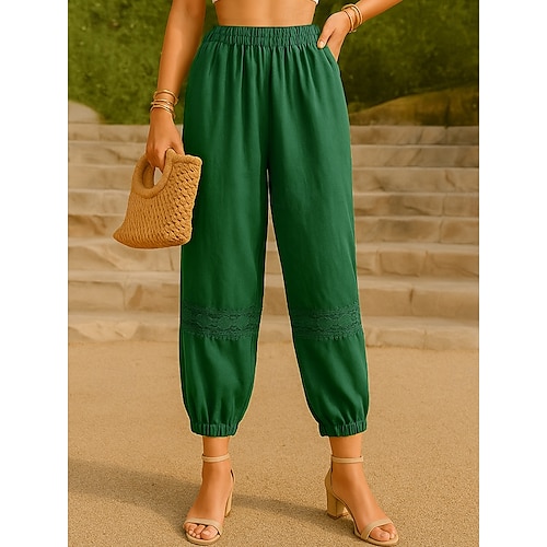 Mujer Pantalones de lino y algodón Chinos Básico Casual Longitud total Alta cintura Floral Bordado Comodidad Al Aire Libre Rígido Vacaciones Calle Casual Verde Trébol Albaricoque Café Verano
