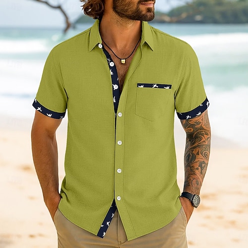  Herren Leinenhemd Sommerhemd Strandbekleidung Knopfhemd Gestreift Urlaub Kreuzfahrt Weiß Grün Khaki Grau Kurzarm Revers Sommer Frühling & Sommer Bekleidung Basic