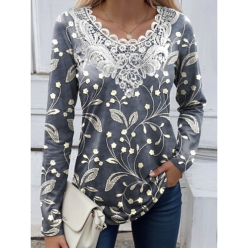  Blouse femme tunique en dentelle splicing col en V à manches longues graphique floral plantes vintage col crew tops réguliers quotidienne sortie weekend impression patchwork noire rouge bleu ciel