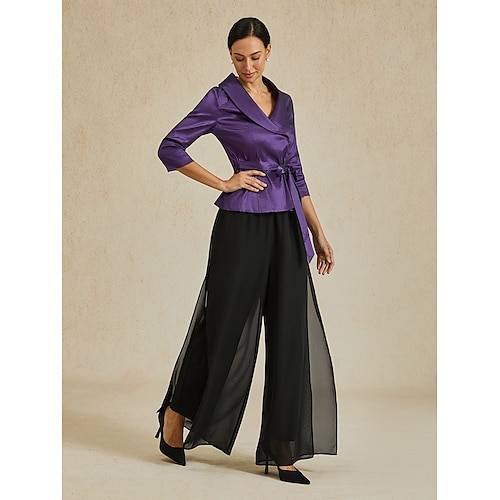  Dame Bluse Kveldstopper Helfarge عادي Elegant metallic Stilfull 3/4 ermer V-hals Vanlige topper Bryllupsgjest Aftenselskap Semi-formelt knyte foran Aubergine Vår, Høst, Vinter, Sommer
