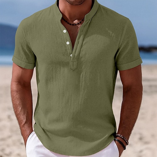  Men's Shirt Linen Shirt Band Collar Shirt Popover Shirt Summer Shirt Beach Wear Plain Vacation Casual Black White Yellow Pink Short Sleeve Stand Collar Summer Clothing Apparel