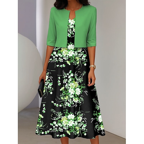  Femmes Robe Ensemble Robe Midi Vacances Fête Fleuri Imprimé Robe Midi Manche 3/4 Col ras du cou Quotidien Jaune Bleu Violet Printemps Automne Coupe régulière