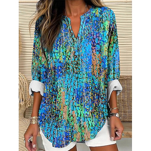  Blouse Tunique Femme Col V Manches Longues Boho Décontractée Tops Ombre Graphique Vintage Tropical Tops Normaux Imprimé Quotidien Bleu Violet Orange Vert