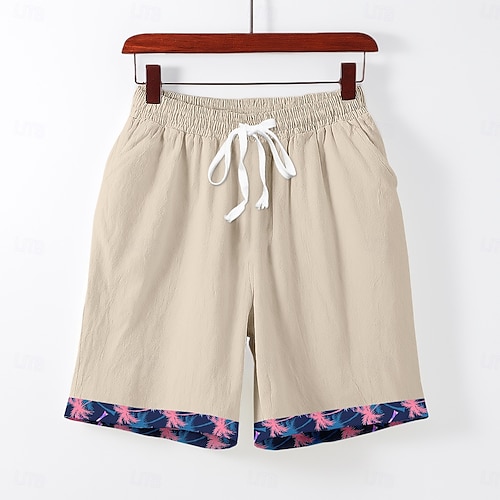  Herre Shorts i bomullslin Shorts Sommershorts Strandshorts Elastisk midje Snorer Trykt mønster Dyr Komfort Pustende Knelengde utendørs Ferie Ut på byen Ferie Hawaiisk Rosa Blå Mikroelastisk