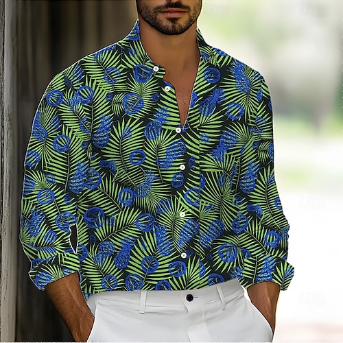 Men's Palm Leaf Tropical Plants Shirt Summer Hawaiian Shirt Button Up Shirt Long Sleeve Hawaiian Holiday Streetwear Summer Spring Turndown 3D Print Collared Shirts Blue Green Rose Red