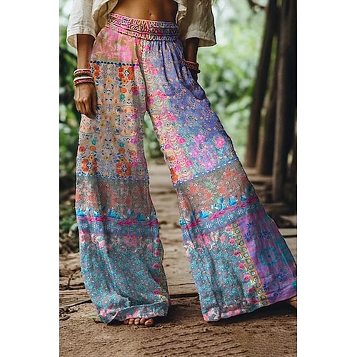  Femmes Culottes Jambe Large Vacances ancien Style Ethnique Longueur complète Taille haute Fleuri Graphique Séchage Rapide Respirabilité Doux Non Elastique Formel Extérieur Vacances Couleur Rubis