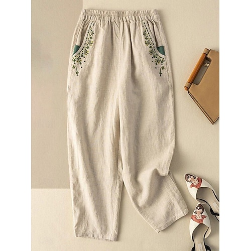  Per donna Pantaloni in cotone e lino Chinos Moda Essenziale Lunghezza intera Vita Alta Floreale Ricamato Comodità All'aperto Micro-elastico Vacanza Streetwear Quotidiano Bianco Giallo Albicocca Caffè